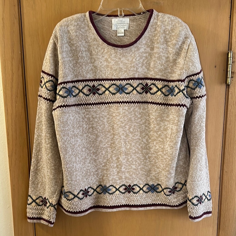 Christopher & Banks Beige Sweater with Multicolor Fair Isle Trim